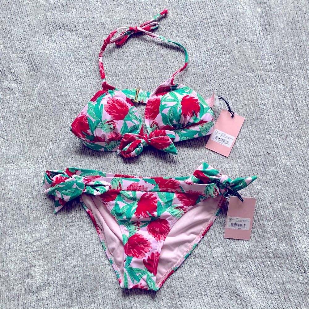 Juicy Couture Tropical Floral Bikini Set Pink Red Halter Swim NWT Small